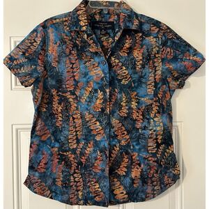 Peter Huntington Leaf Print Women's M Short Sleeve Button-Up Shirt Blue/Orange